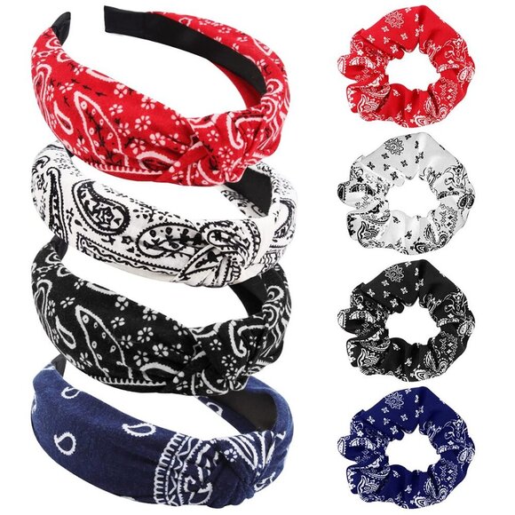 8 Pack Vintage Boho Paisley Bandanas for Women - Wide Knotted Turban Headbands w - Picture 1 of 7